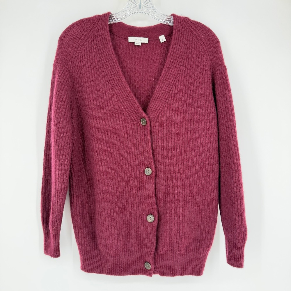 Vince Oversized Wool & Cashmere Cardigan Burgundy Ribbed V-Neck XS - Picture 2 of 14